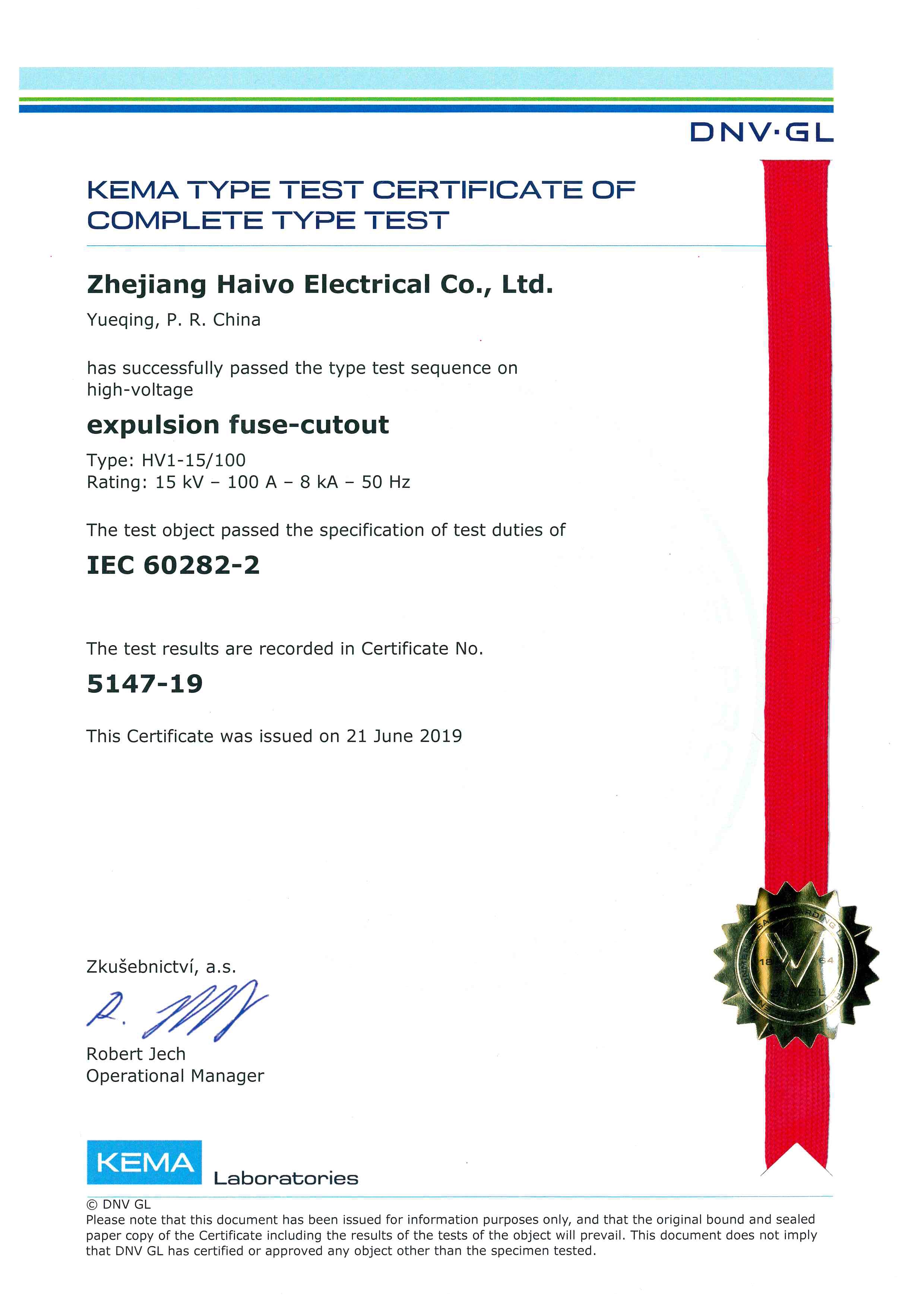 COUPE FUSIBLE HV1-15-100 CERTIFICAT KEMA
